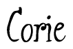 The image contains the word 'Corie' written in a cursive, stylized font.