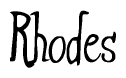 The image contains the word 'Rhodes' written in a cursive, stylized font.