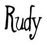 The image is a stylized text or script that reads 'Rudy' in a cursive or calligraphic font.