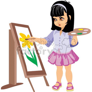 Clipart of a young girl painting a flower on a canvas with a palette and brush.