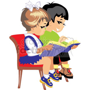 Two Small Children Sitting on a Red Bench Reading