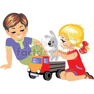 Illustration of two children playing with a toy truck and a bunny, showcasing preschool education and playtime.