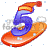 This animated GIF is the number 5 going down a slope on a snowboard. It is also wearing a yellow and red hat