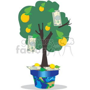 Illustration of a money tree with bills and oranges growing on it, planted in a colorful pot.