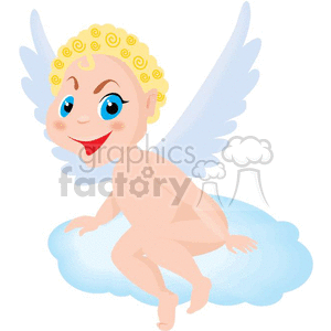 The clipart image depicts a cartoon of a cheerful angel sitting on a cloud. The angel has curly blond hair, blue eyes, a smiling face, and a pair of large white wings. The background is simple and focuses on the character.