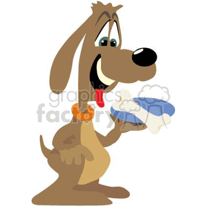 This clipart image shows a cartoon dog that is brown in color. The dog has a big, happy expression on its face, tongue sticking out, and is holding a plate with a large bone on it. The dog appears to be excited and is likely meant to represent a pet anticipating a treat or meal.