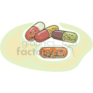 This clipart image features colorful capsules and pills filled with various multicolored granules, placed against a stylized background.