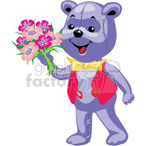 purple teddy bear with a red vest yellow bow and a pink bouquet 