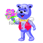 Teddy bear holding a bouquet of flowers.