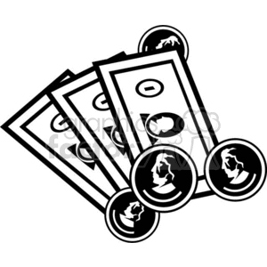 A black and white clipart image featuring three banknotes and four coins.