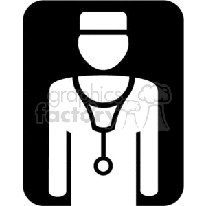 A black and white clipart image of a doctor wearing a stethoscope and a medical hat.