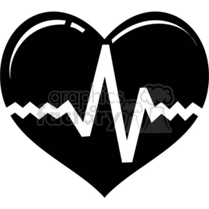Black and white clipart of a heart with an electrocardiogram (ECG) line running through it.