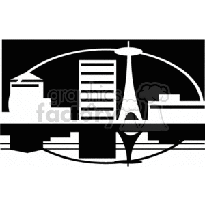 A black and white clipart image of a cityscape featuring notable landmarks including the Space Needle.