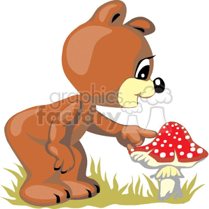 Teddy bear touching a red and withe mushroom