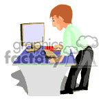 The image is a clipart depicting a man working on a computer at a desk. He appears to be focused on the screen, which is facing away from us. The man is wearing a green shirt, and he's using a mouse with his right hand. The desk is colored purple, and the setting suggests an office environment.
