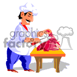 Animated butcher cutting up a slab of beef.
