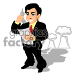 The clipart image shows a cartoon character of a man in business attire. He is wearing a black suit with a red tie and holding a piece of paper in one hand while holding a phone to his head while talking. 