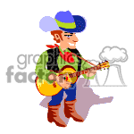 The clipart image features an animated character of a cowboy playing the guitar. He is sporting a wide-brimmed cowboy hat, a green shirt, a vest, and brown cowboy boots. He has a friendly expression on his face and is actively strumming the guitar.