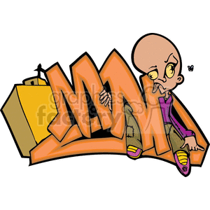 A stylized clipart image featuring urban graffiti art with a bold orange font spelling out 'MM'. To the right of the letters is a cartoon character with a large head, yellow eyes, and wearing a purple shirt and patched green pants. On the left side of the graffiti is a yellow building. There's a little black fly buzzing near the character's head.