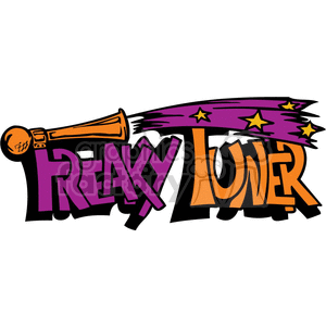 A colorful and playful clipart image with the text 'Freaky Tuner' in bold, stylized letters. The word 'Freaky' is written in purple, while 'Tuner' is in orange. An orange horn is blowing a purple banner adorned with yellow stars.