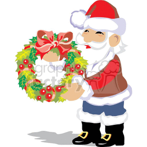 A festive clipart image of Santa Claus holding a Christmas wreath decorated with holly berries and a red bow.