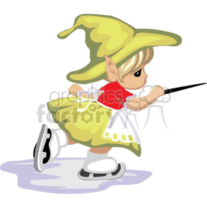 An animated clipart of a cute elf girl ice skating, wearing a green hat, red shirt, yellow skirt, and white apron.