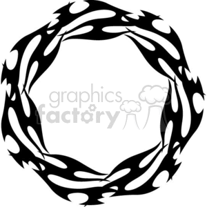 A black and white symmetrical circular tribal flame pattern.