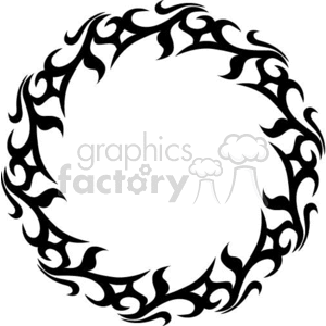 A circular tribal tattoo design in black, featuring intricate and symmetrical patterns.
