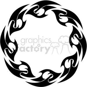 Circular tribal tattoo design in black and white, featuring interconnected abstract shapes creating a symmetrical ring pattern.