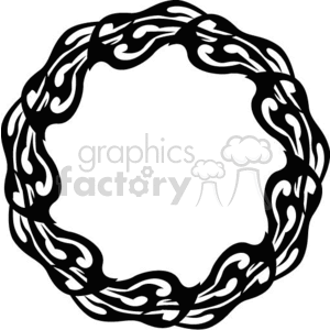 A circular black and white clipart image featuring an intricate, stylized wreath design with intertwining, flame-like patterns.