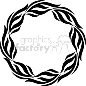 A black and white circular clipart design composed of stylized, flowing leaf patterns forming a wreath.