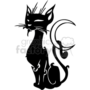 This is a black and white clipart image of a stylized cat. The cat is depicted in silhouette, with distinctive whispy outlines suggesting fur or whiskers, and it has an elongated, curved tail. The design incorporates elegant swirls or curls within the cat's body, possibly to give it a decorative or fantastical appearance. This image might be suitable for Halloween themes or pet-related signage due to its whimsical and slightly mysterious styling.