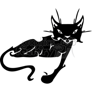 The clipart image displays a stylized black cat in a lying down posture. The cat features prominent whiskers, elongated pointed ears, and a sleek body, which adds to a somewhat mysterious or fantastical appearance, making it suitable for themes like Halloween. The design is simple, bold, and likely created for vinyl cutting or signage purposes due to its clear, silhouette-style outline, making it easily distinguishable and simple to replicate.