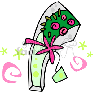 A whimsical clipart image of a bouquet with pink roses wrapped in green and gray paper, adorned with a pink ribbon.