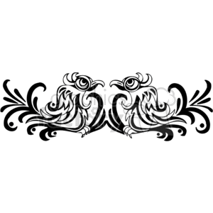 This clipart image features two abstract, symmetrical birds facing each other, with intricate decorative patterns and swirls surrounding them. The birds are stylized with exaggerated features and bold, black lines.
