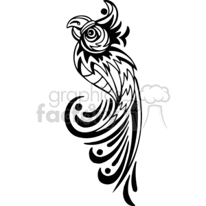 This clipart image features a black and white stylized parrot with intricate and decorative patterns. The design is ornamental, with fluid lines and artistic swirls.