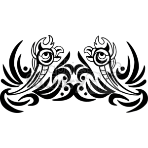 This clipart image features a symmetrical tribal design with abstract shapes and elements that resemble stylized birds or floral patterns. The design is black and white with intricate details.