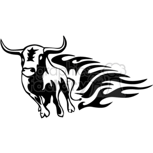 A stylized black and white clipart image of a bull with tribal flame-like designs extending from its hindquarters.