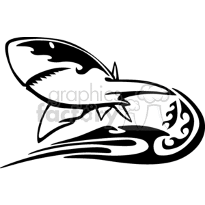 A stylized black and white tribal art illustration of a shark. The design features bold, flowing lines and shapes to create a striking, dynamic representation of the shark.