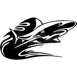 A black and white clipart image of a stylized shark, depicted in an artistic and dynamic manner with flowing lines and curves.