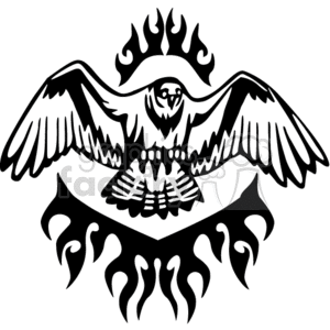 A black and white clipart image of an eagle with outstretched wings, surrounded by flames.