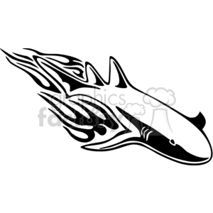 A stylized tribal illustration of a shark, incorporating artistic flame patterns along its body.