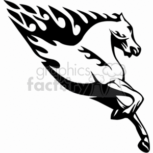 Black and white clipart of a stylized horse with flames.