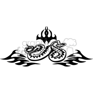 A black tribal-style clipart image featuring a stylized serpent coiled in the center, accented with flame motifs on both sides and a crown-like design above.