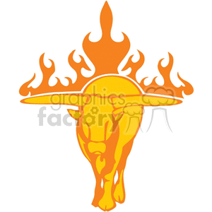 A stylized clipart image featuring an orange and yellow bull with large horns. The bull is depicted charging forward with a trail of flames emerging from its back, symbolizing power, strength, and energy.