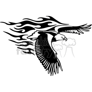 Black and white clipart of an eagle in flight with tribal flame designs extending from its wings.