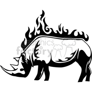 A black and white clipart image of a rhinoceros with flame patterns on its back and sides.