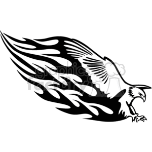 A clipart image of an eagle with flame-like patterns extending from its wings, rendered in a bold black silhouette style.