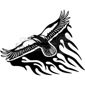 Clipart image of a stylized bird in flight with flames beneath.