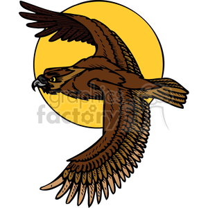 Clipart image of a brown hawk in flight with wings spread wide against a yellow circular background.